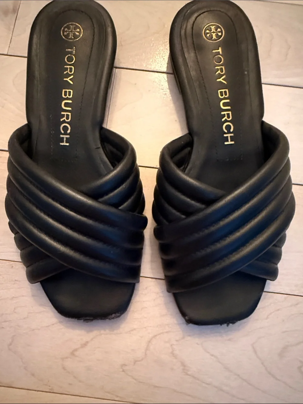 Tory Burch Black Quilted Cross-Band Slide Sandals with Gold Logo